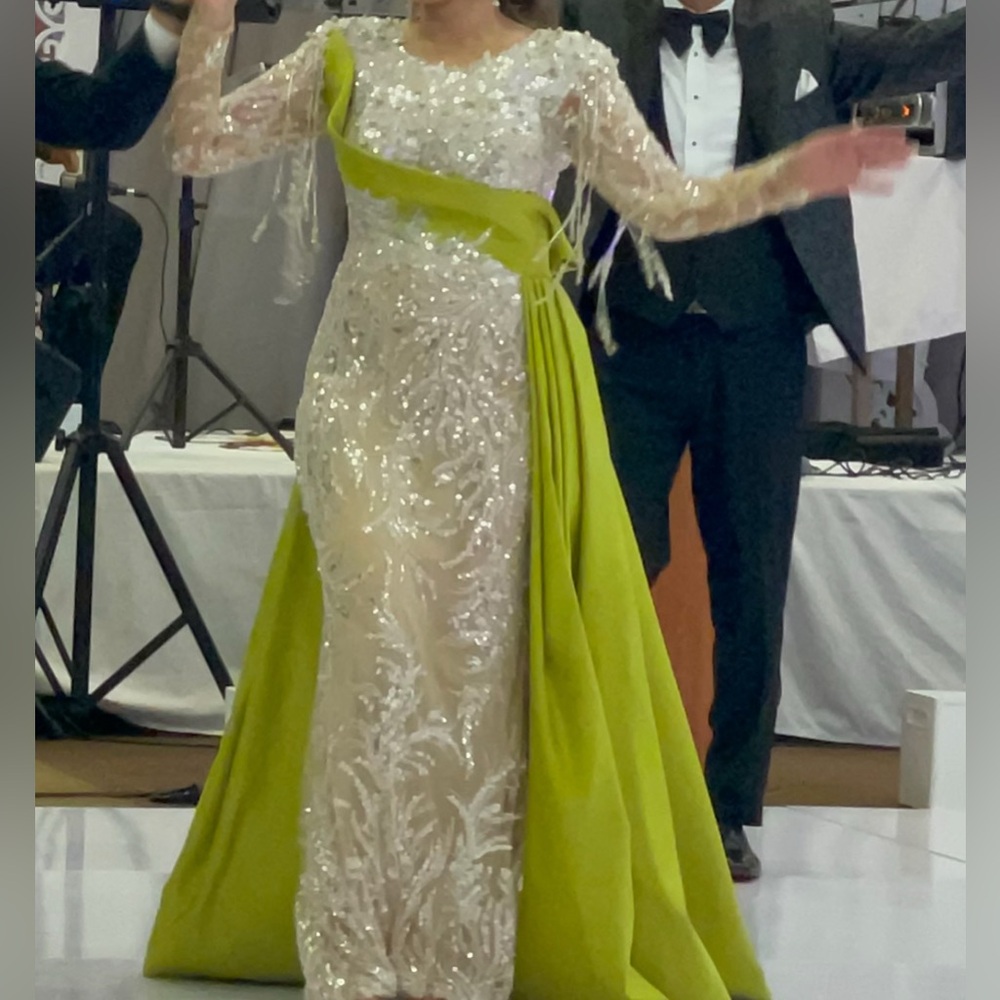 Embellished Dress With Neon Green Overskirt